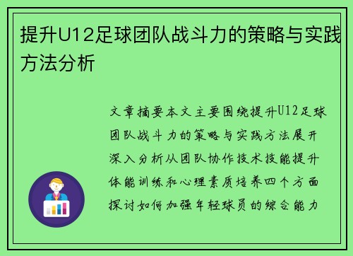 提升U12足球团队战斗力的策略与实践方法分析